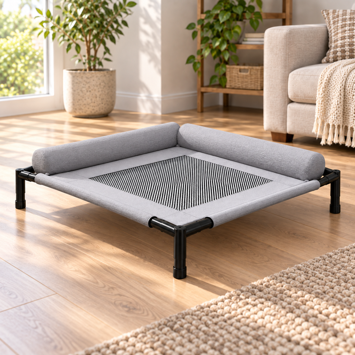 Raised grey cooling dog bed from a low side angle showing elevated frame