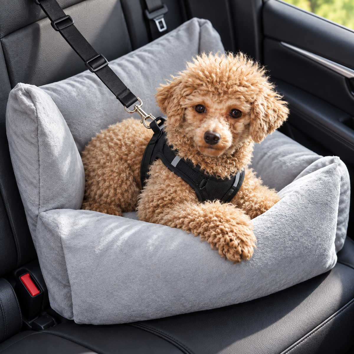 Plush Dog Car Seat Bed with Safety Tether – Grey — closer view of product details