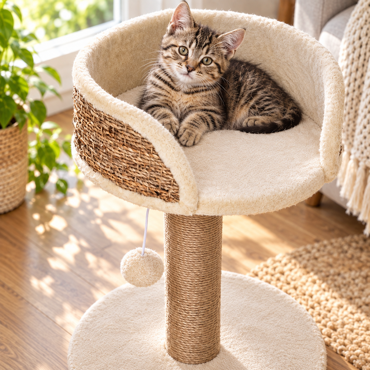 Cat Scratching Post with Perch Bed – Beige — closer view of product details