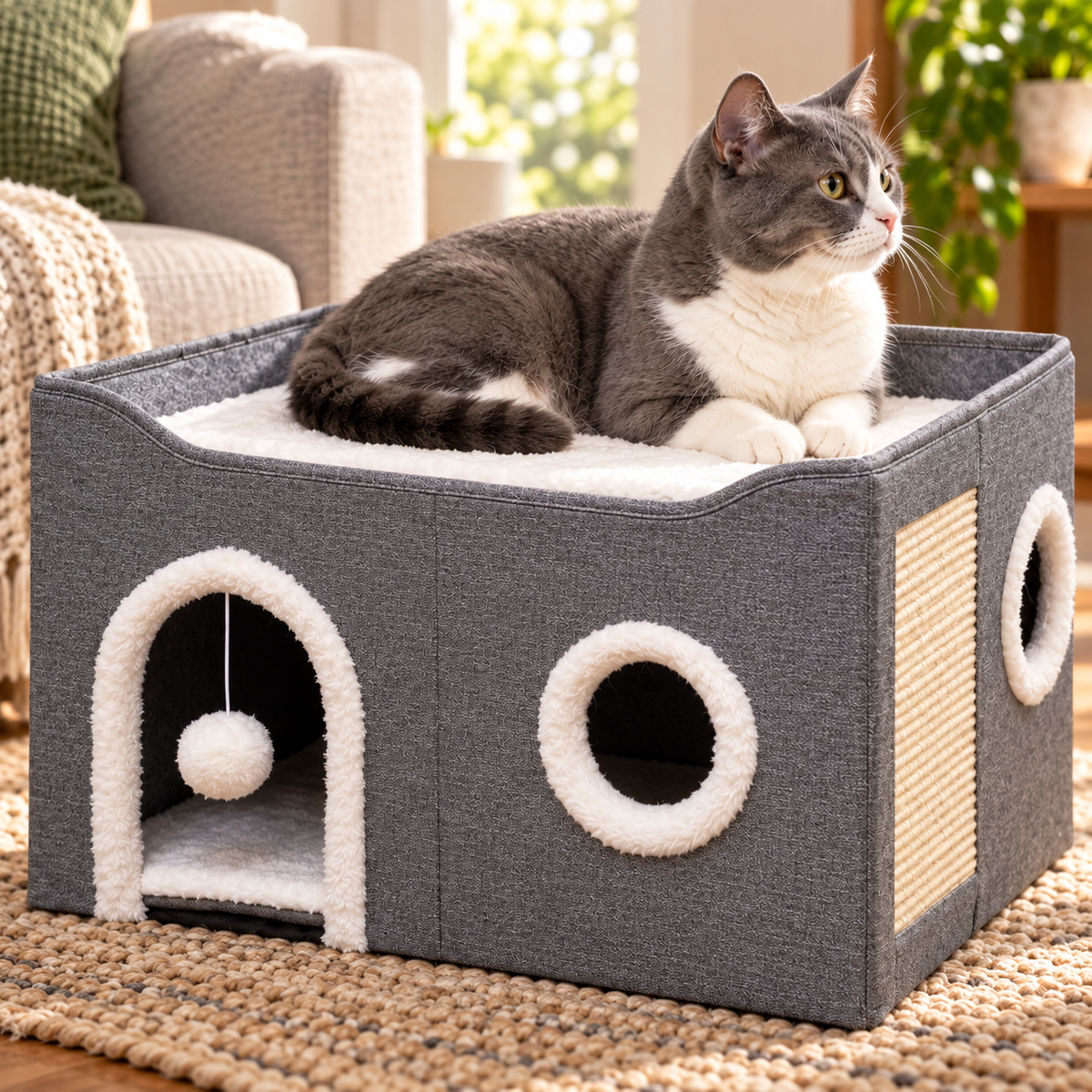 Foldable Cat House with Scratch Pad – Grey — closer view of product details
