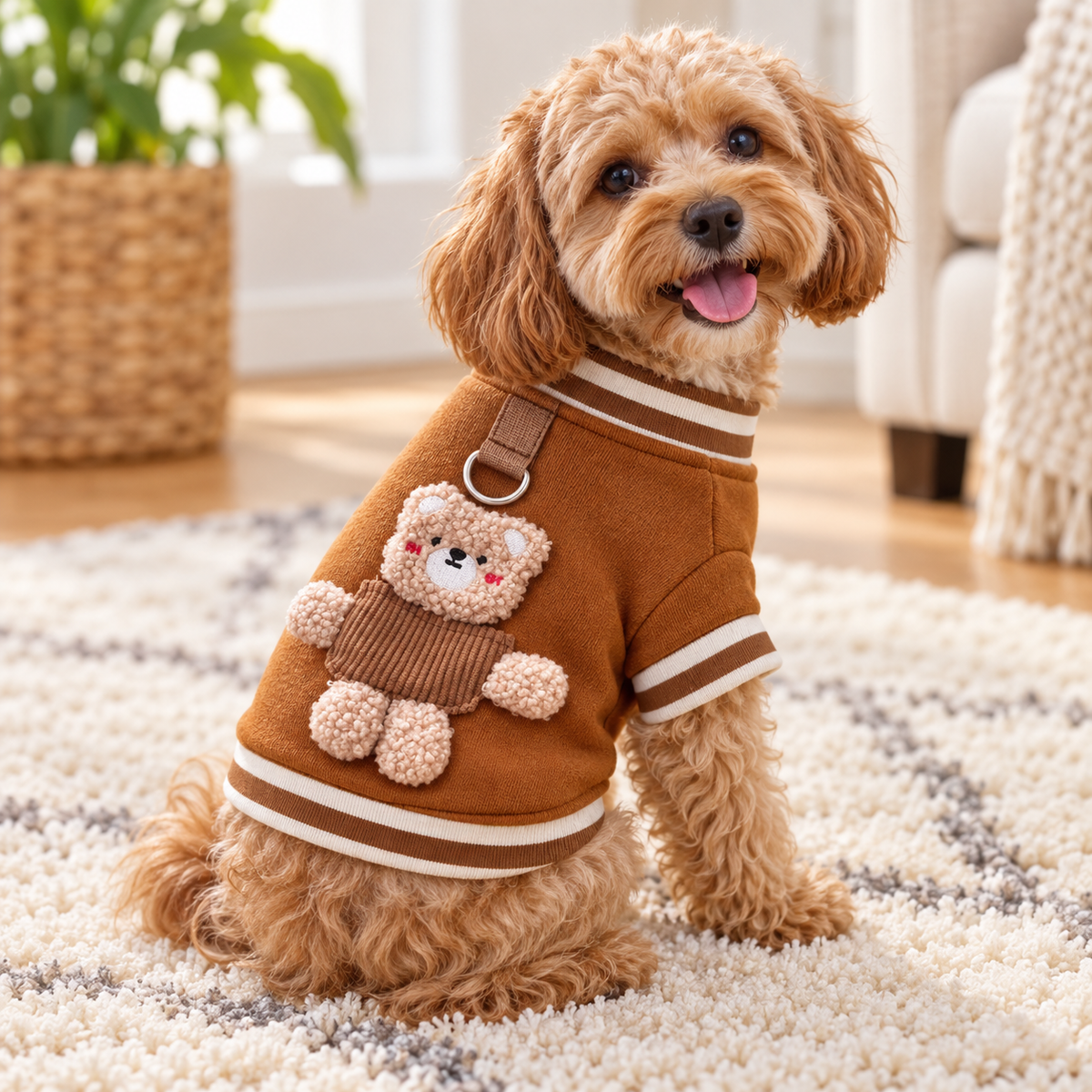 Small dog wearing the brown knitted teddy jumper at home