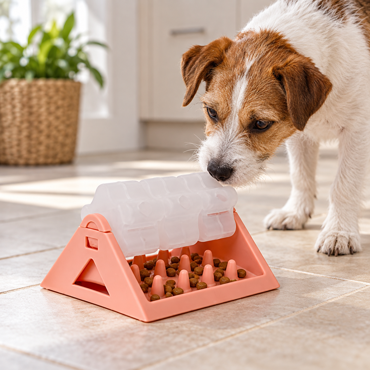 Dog exploring a coral rotating slow feeder bowl in a bright home