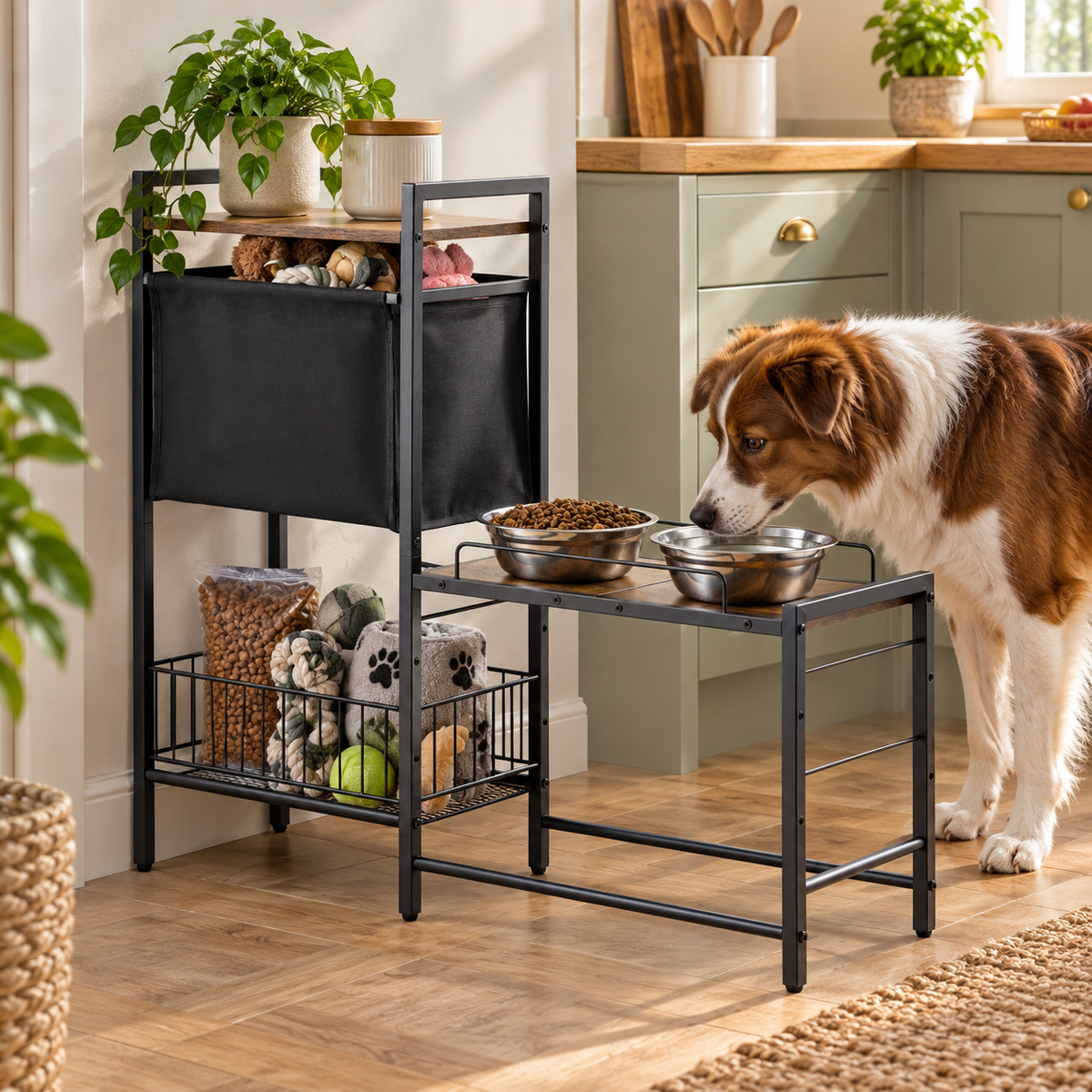 Dog using the raised feeding station with storage in a warm kitchen