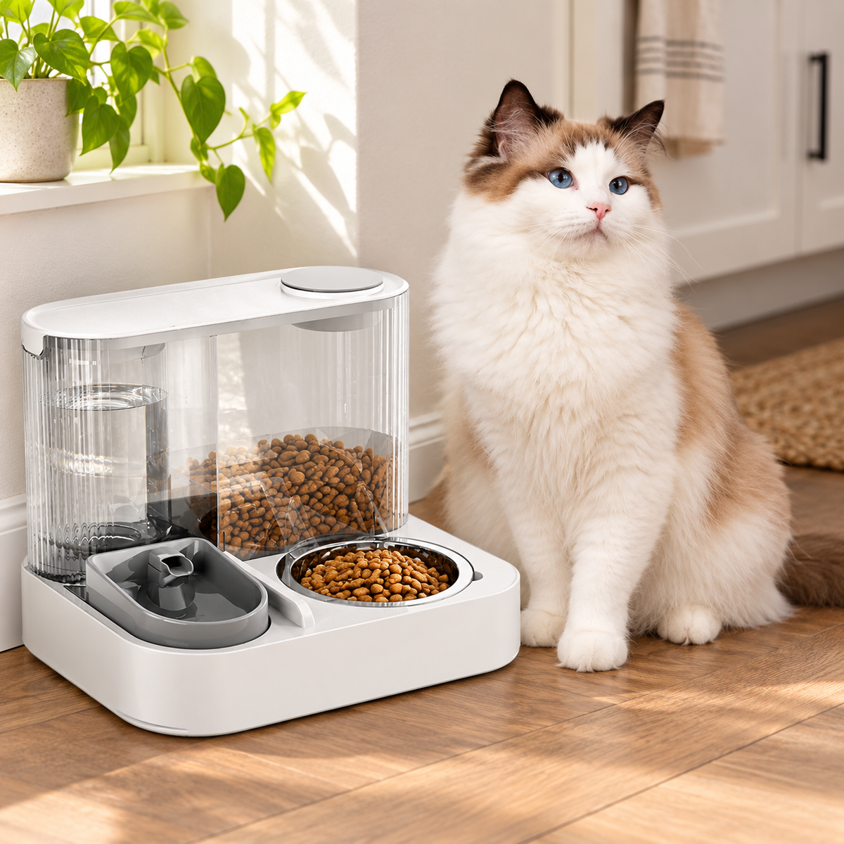 Cat beside the white dual gravity pet feeder and water dispenser