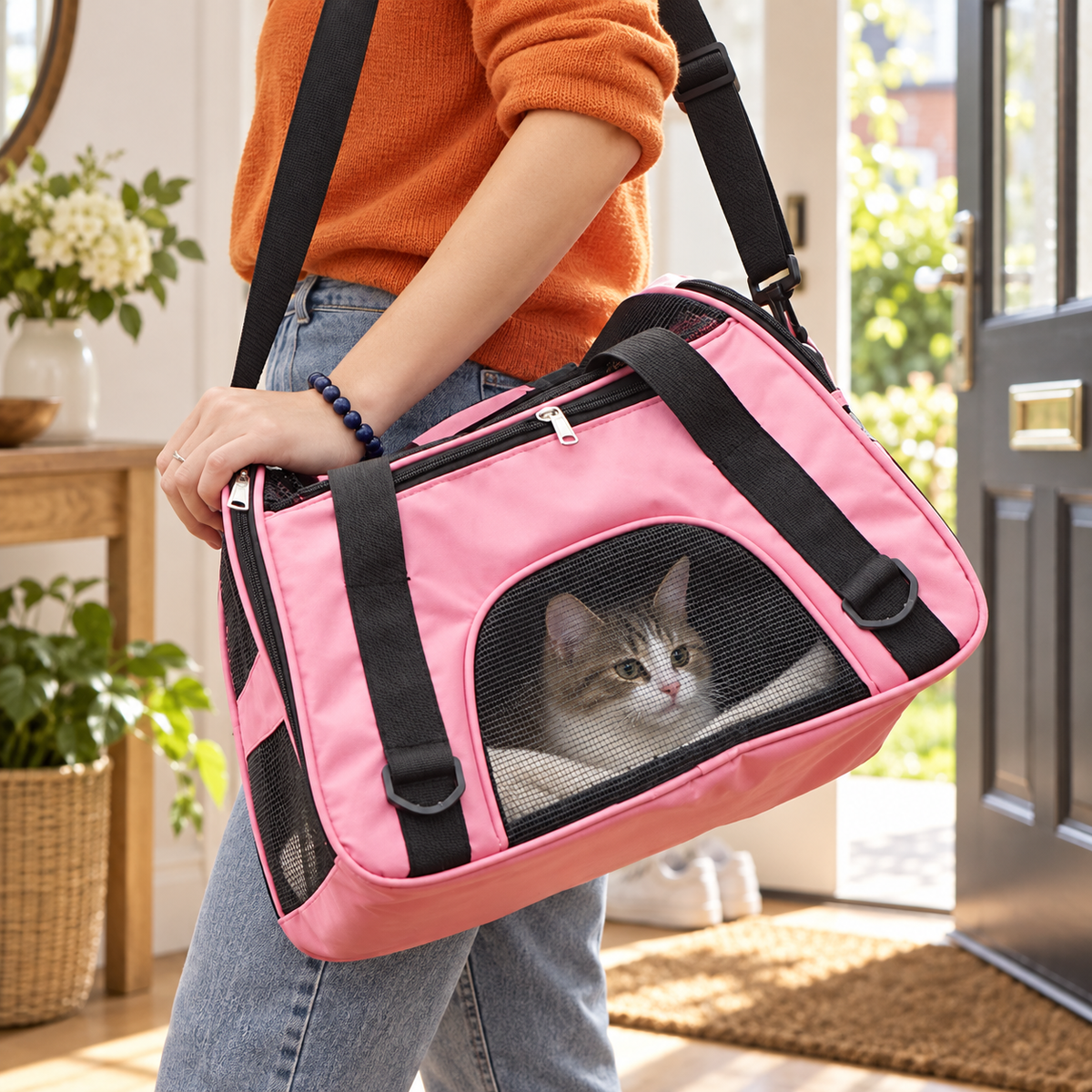 Pink soft pet carrier with cat in a home entryway.