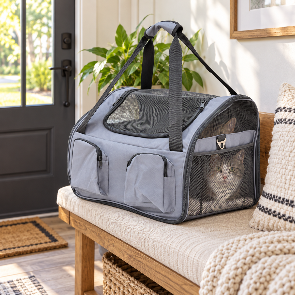 Grey soft pet carrier with a cat inside by the front door