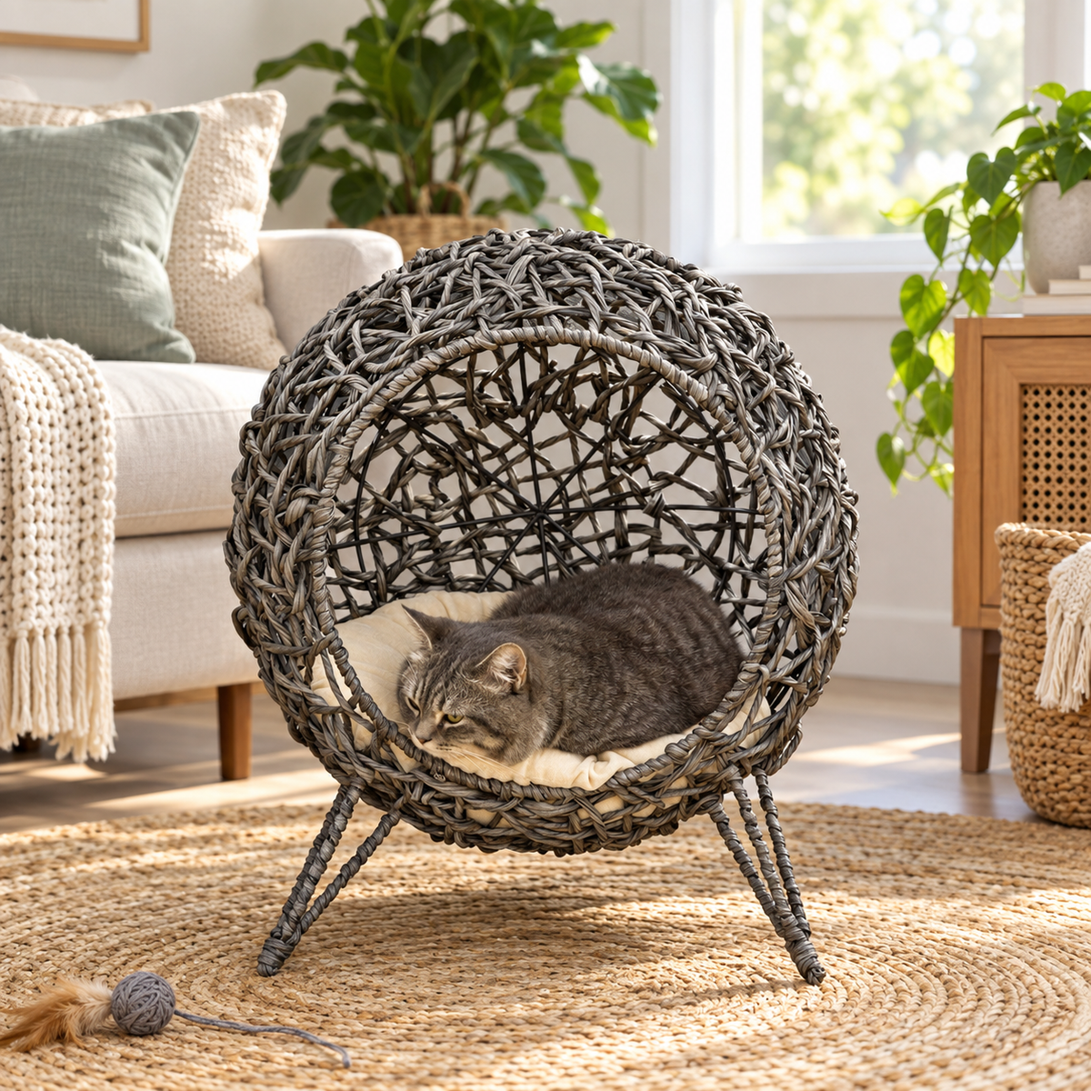 Cat curled up in a raised woven rattan bed.