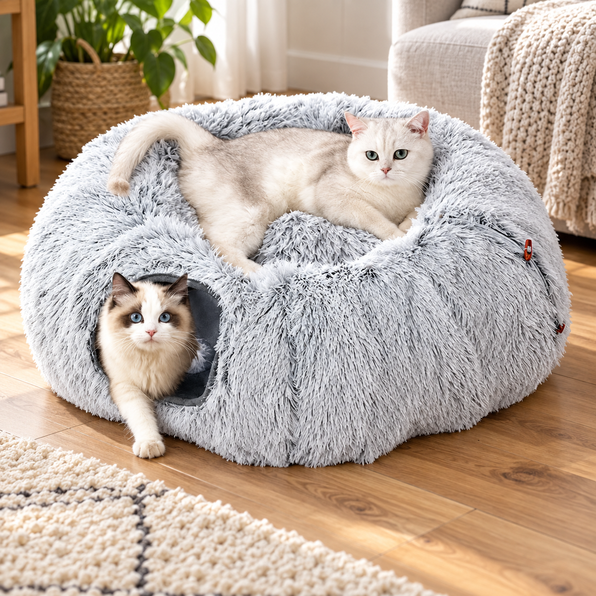 Two cats exploring the plush grey cat tunnel bed in a living room
