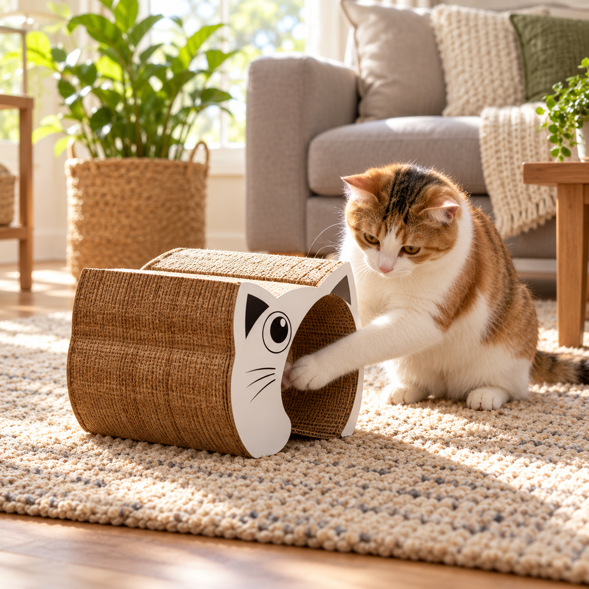 Cat playing with a cardboard organ scratcher toy.
