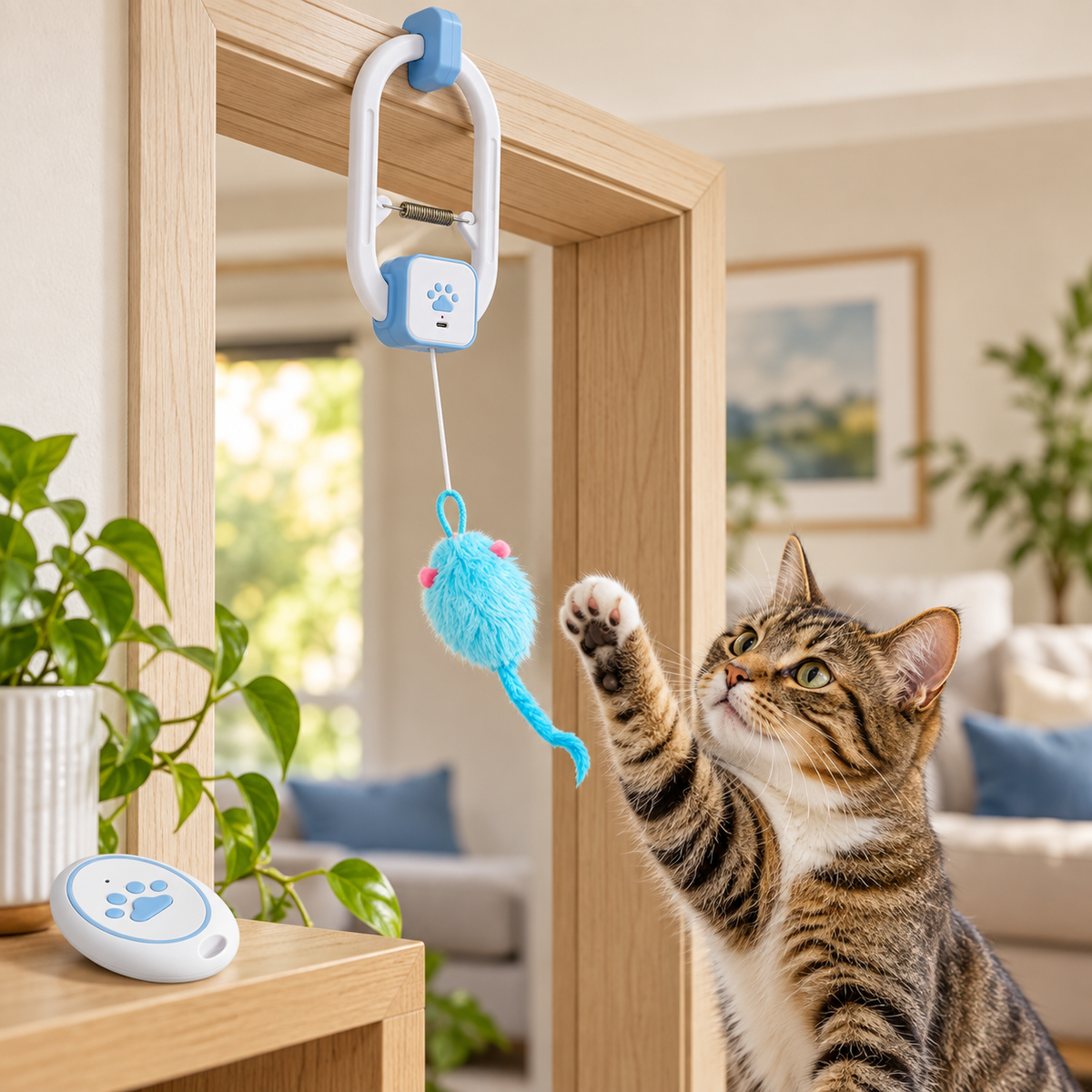Tabby cat playing with the blue mouse on the door-mounted electric teaser