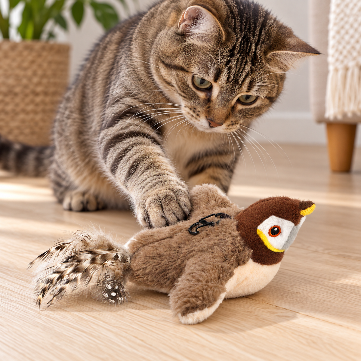 Tabby cat playing with the brown plush flapping bird toy