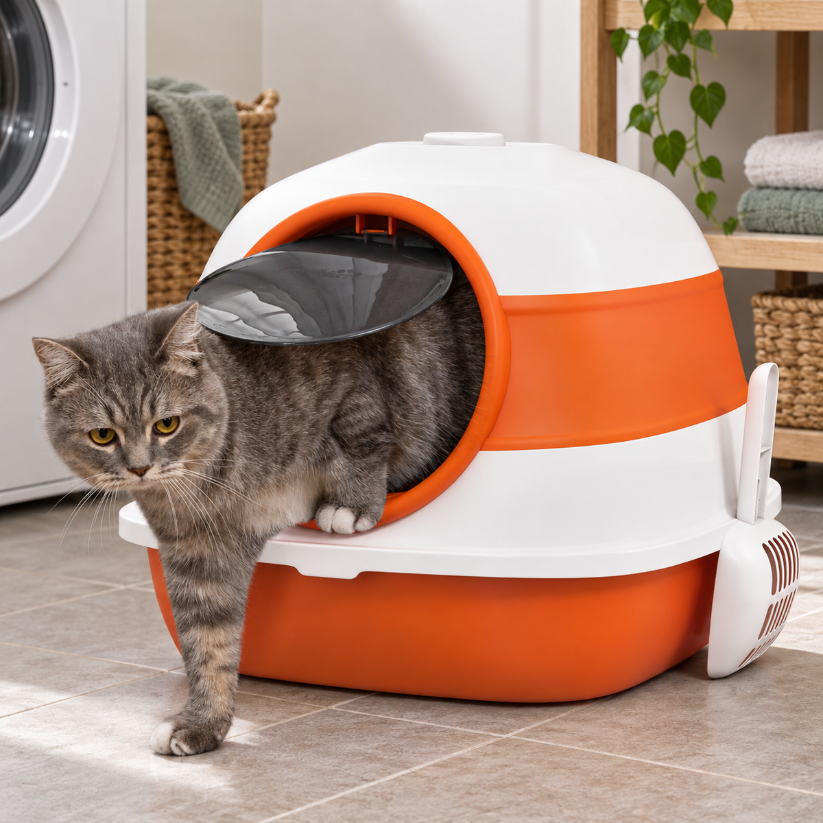 Grey cat leaving the orange and white hooded litter tray in a utility room