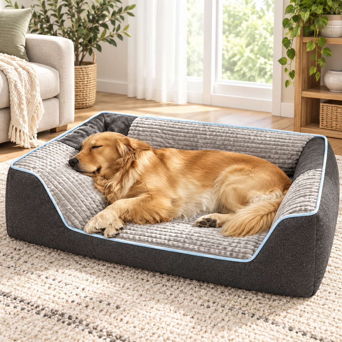 Golden retriever resting on the charcoal plush sofa bed at home
