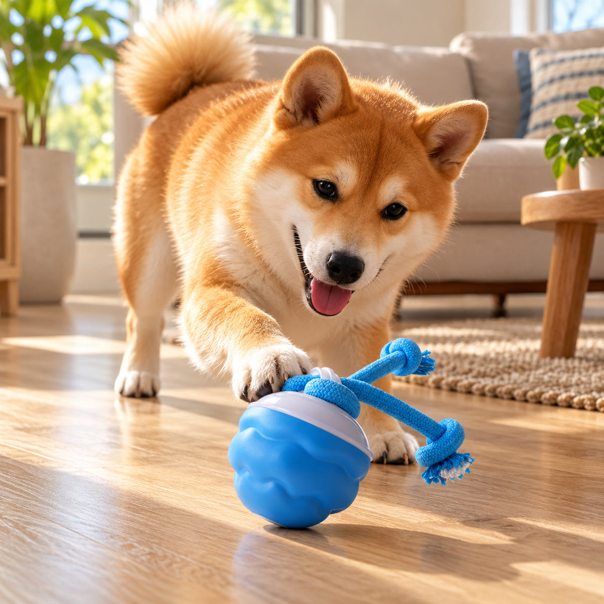 Shiba Inu playing with the blue smart chase ball with ropes