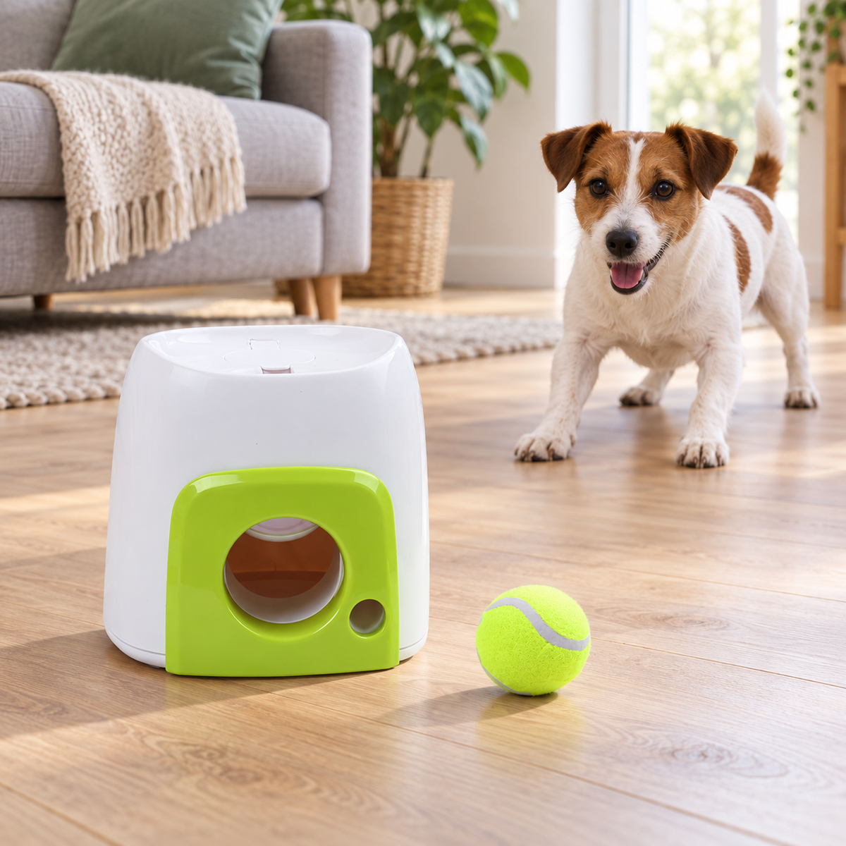 White and lime automatic tennis ball dispenser with dog in a living room