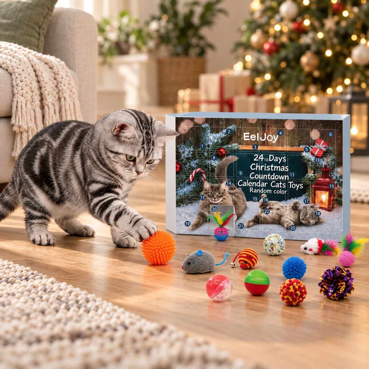 24-Day Christmas Advent Calendar Cat Toy in a festive home