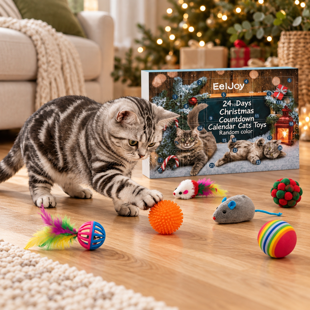 24-Day Christmas Advent Calendar Cat Toy in a festive home