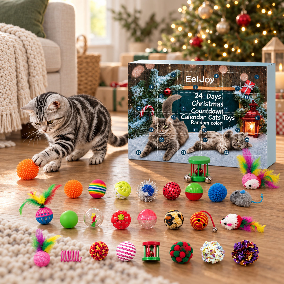 24-Day Christmas Advent Calendar Cat Toy in a festive home