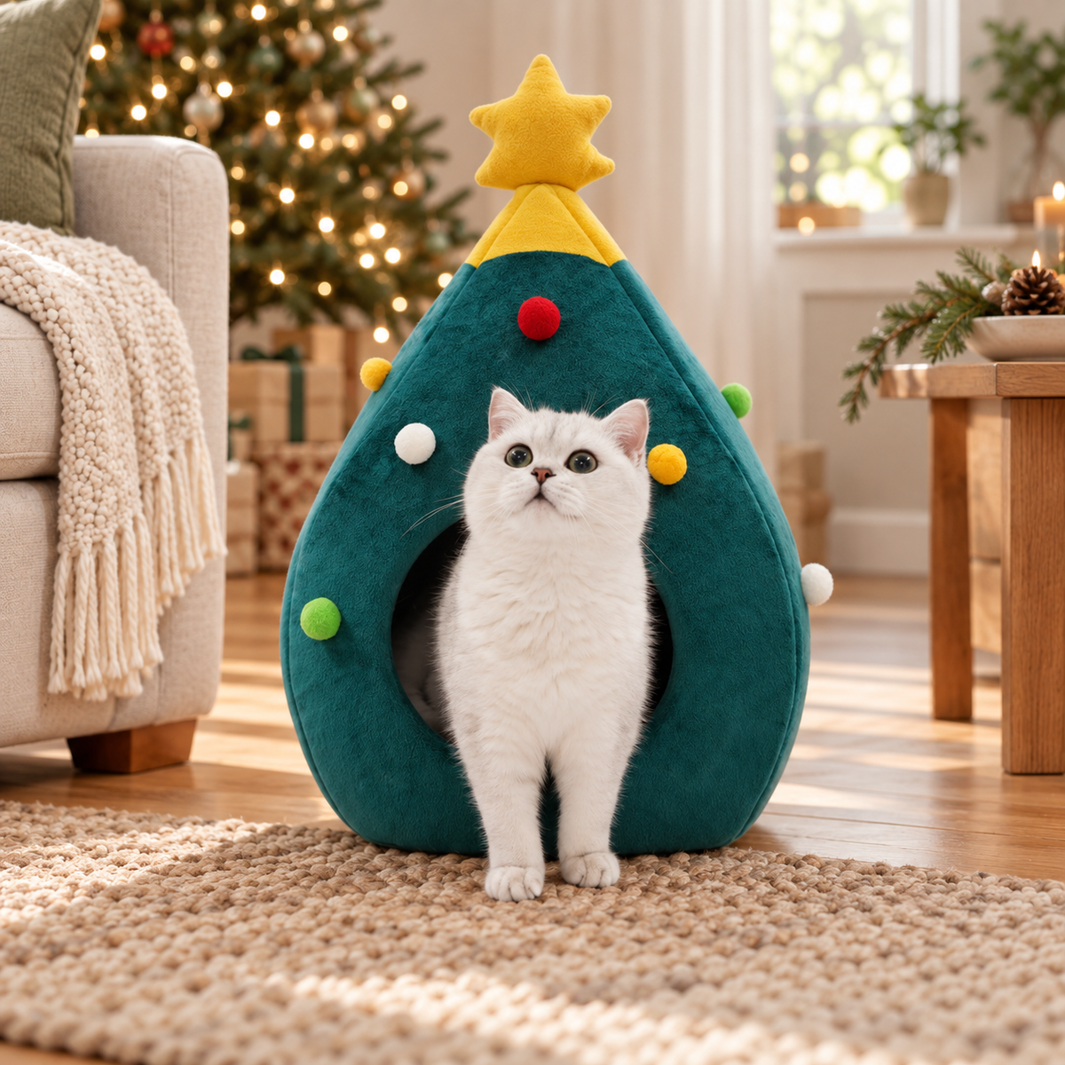 Christmas Tree Felt Cat Bed in a festive home