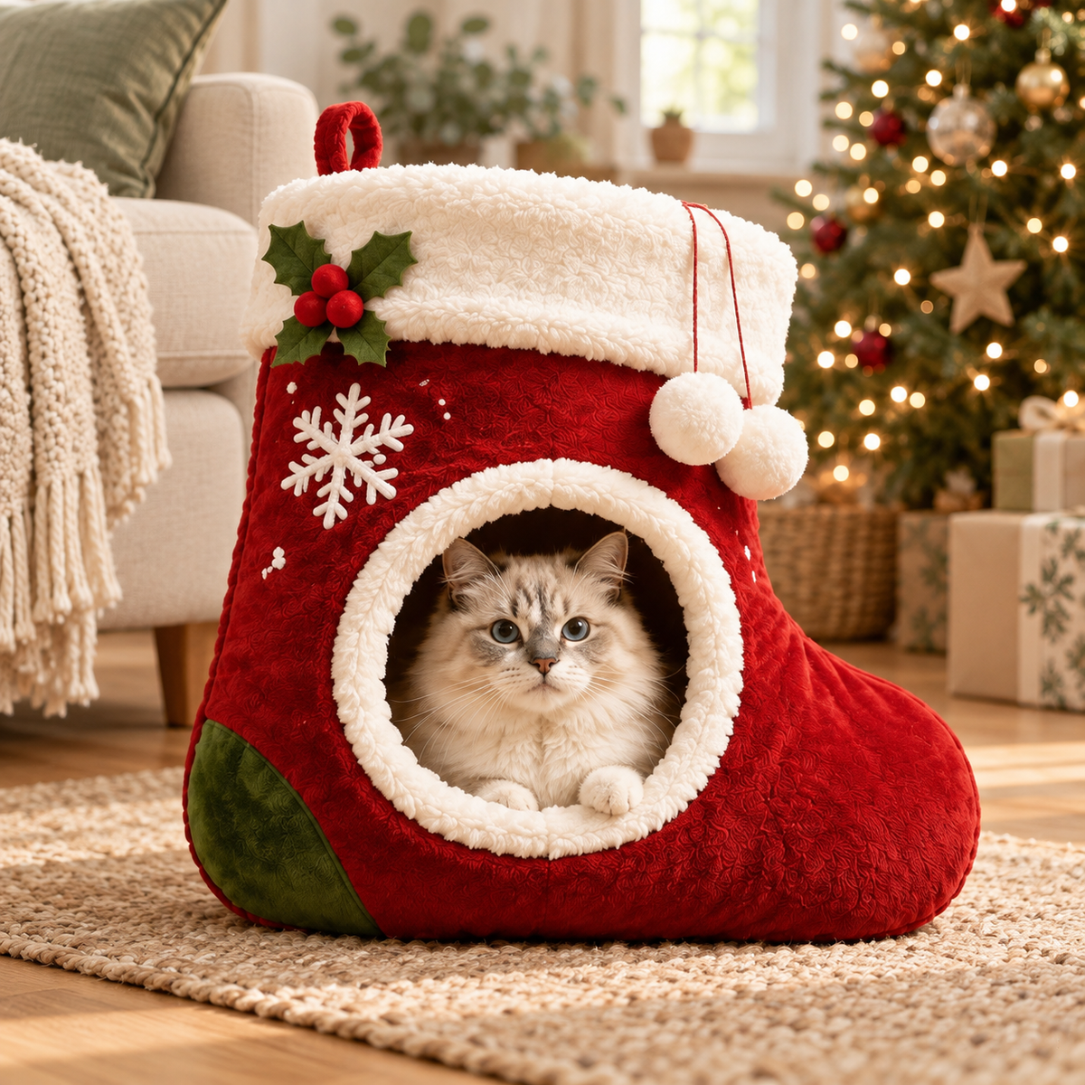 Christmas Stocking Hanging Cat Bed in a festive home
