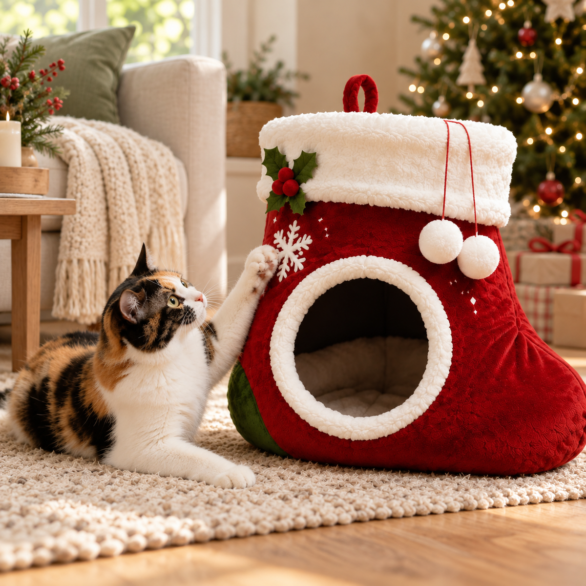 Christmas Stocking Hanging Cat Bed in a festive home