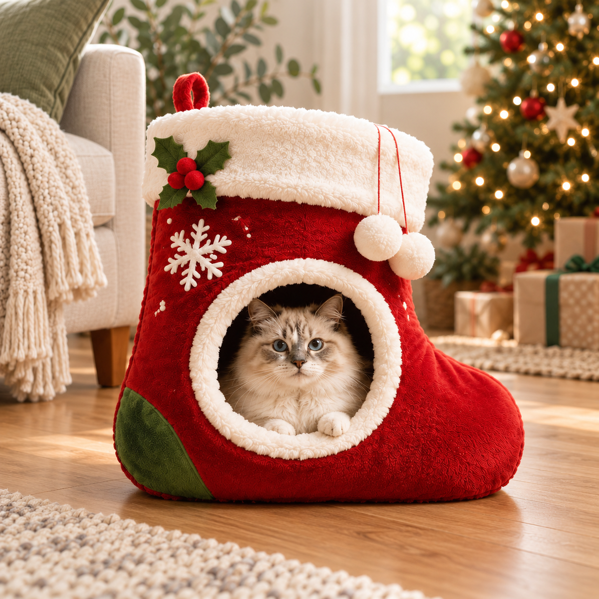 Christmas Stocking Hanging Cat Bed in a festive home