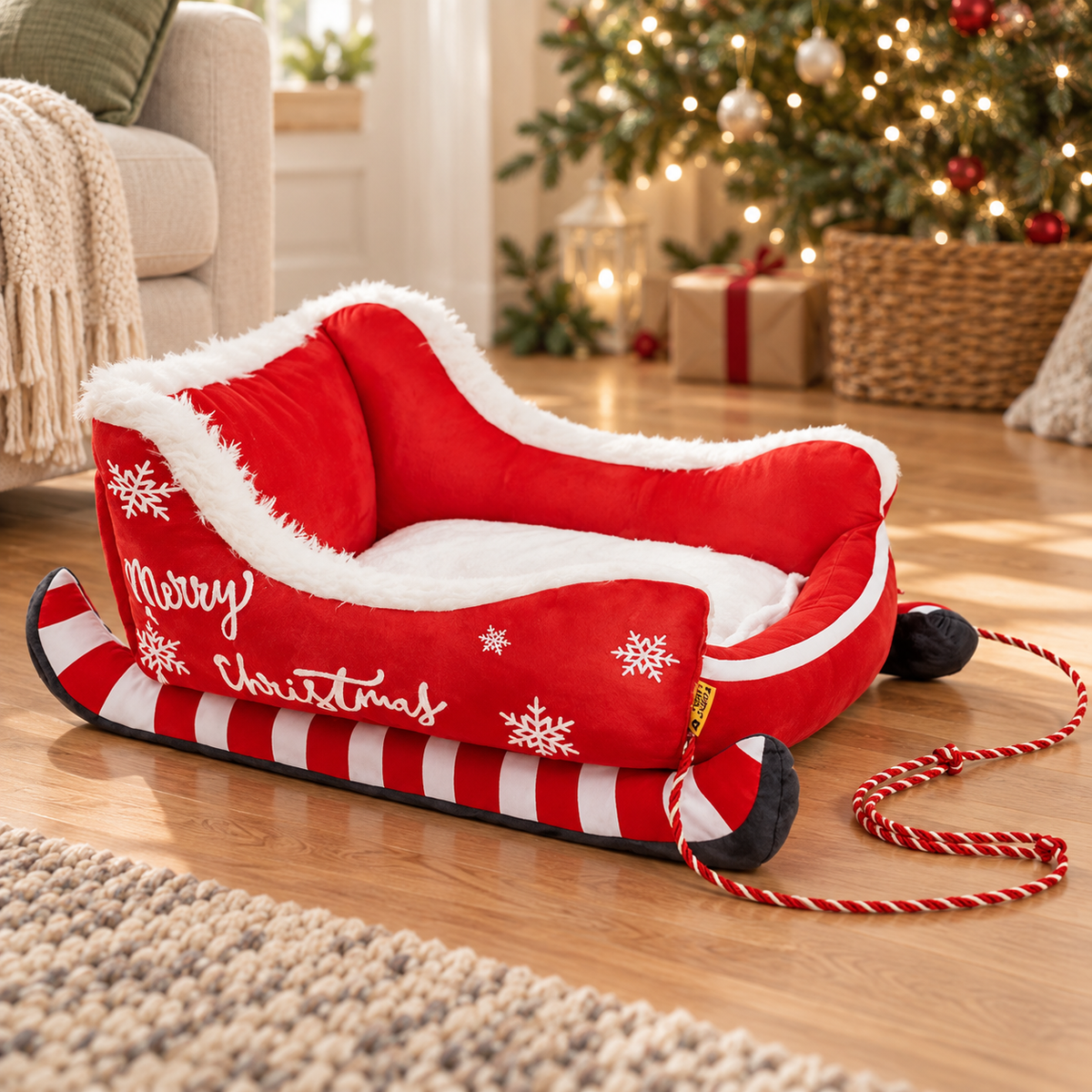 Christmas Sled Dog Bed in a festive home