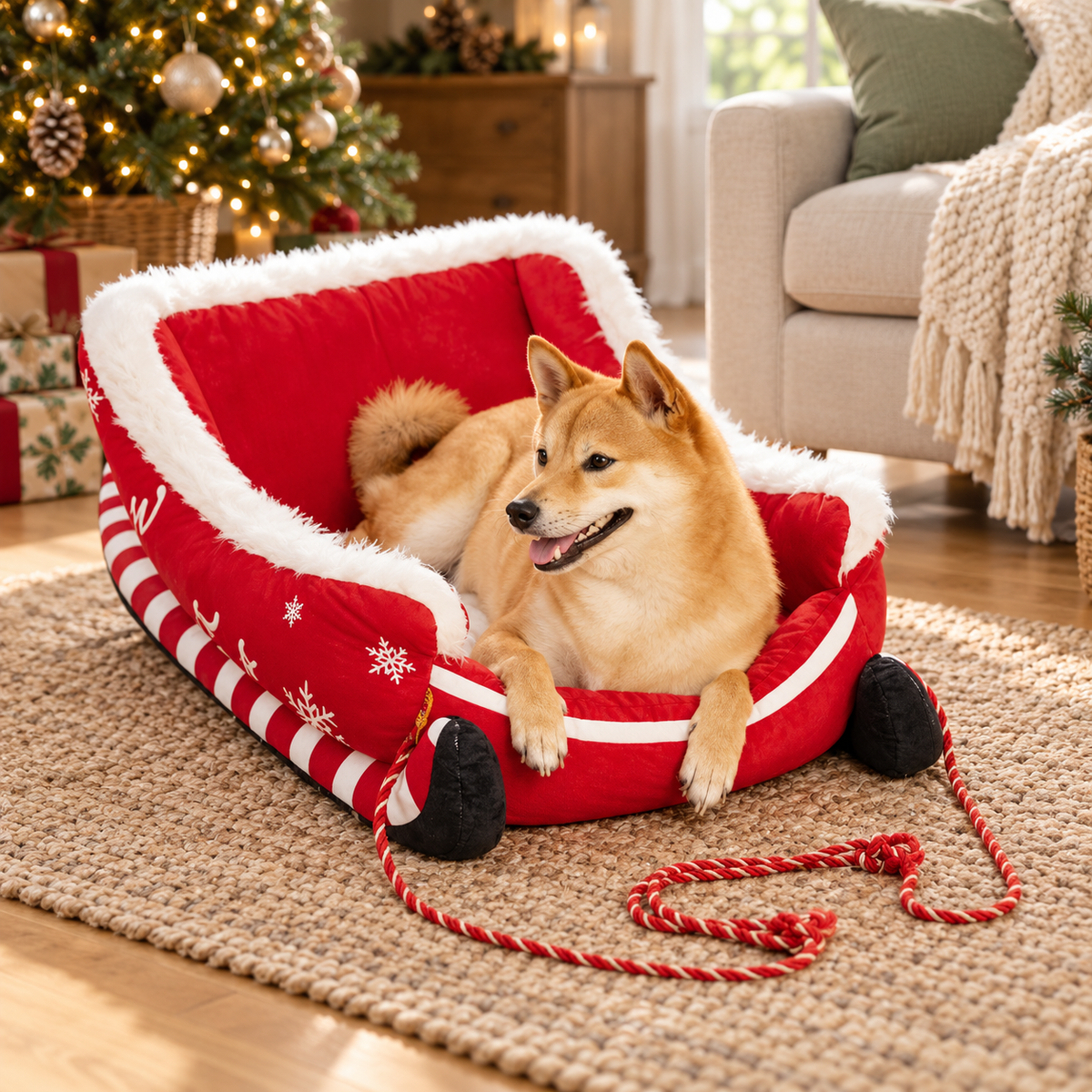 Christmas Sled Dog Bed in a festive home