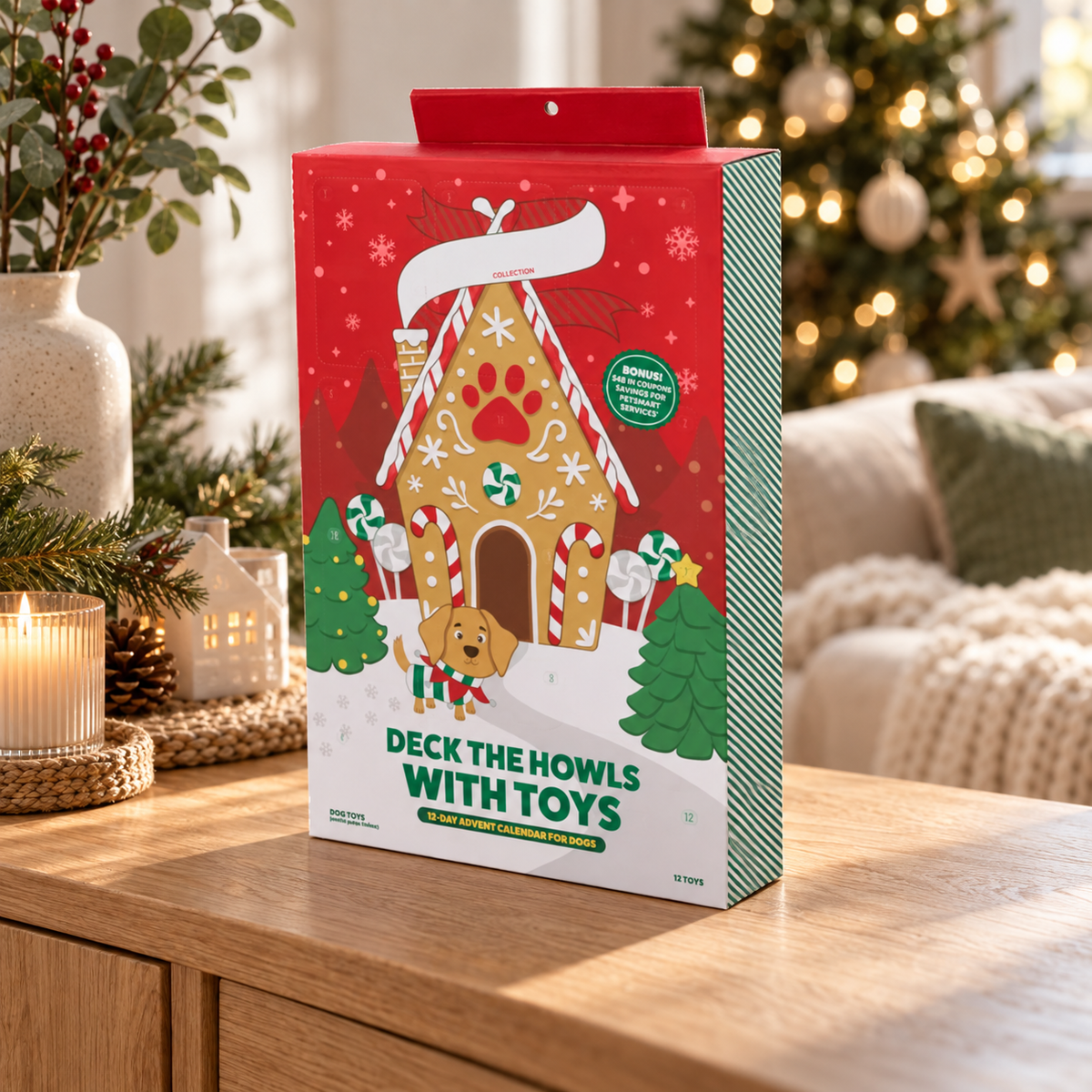Dog Christmas advent calendar in a festive home