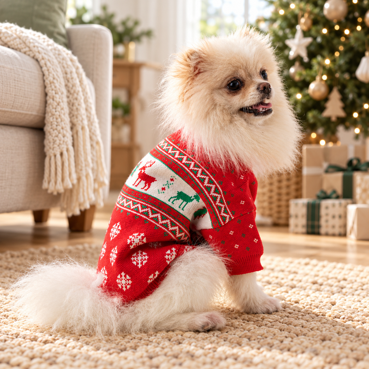 Christmas elk dog jumper in a festive home