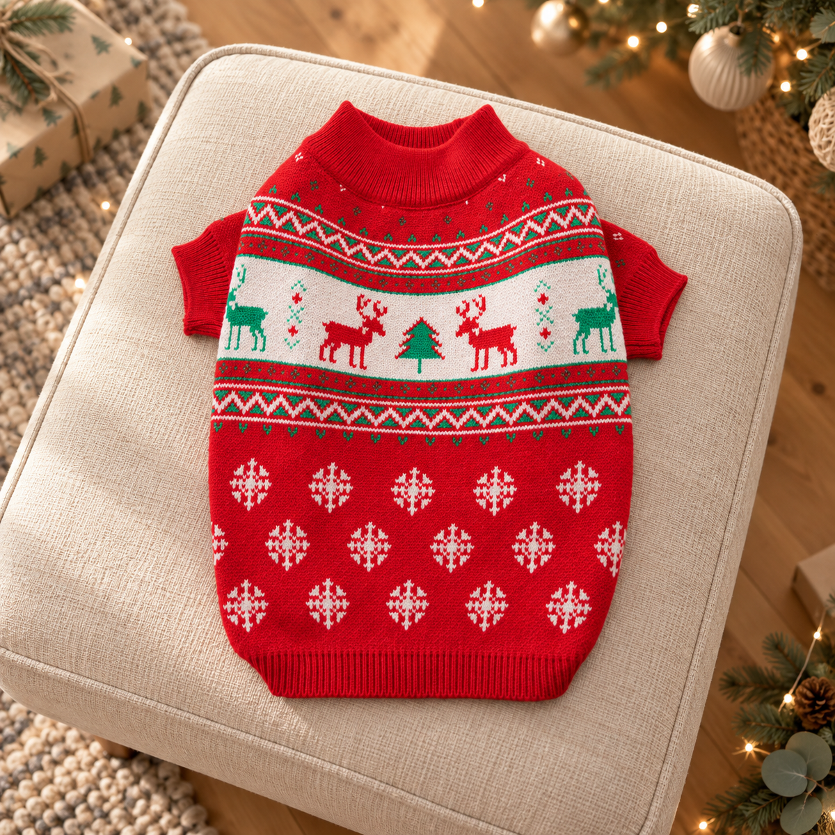 Christmas elk dog jumper in a festive home