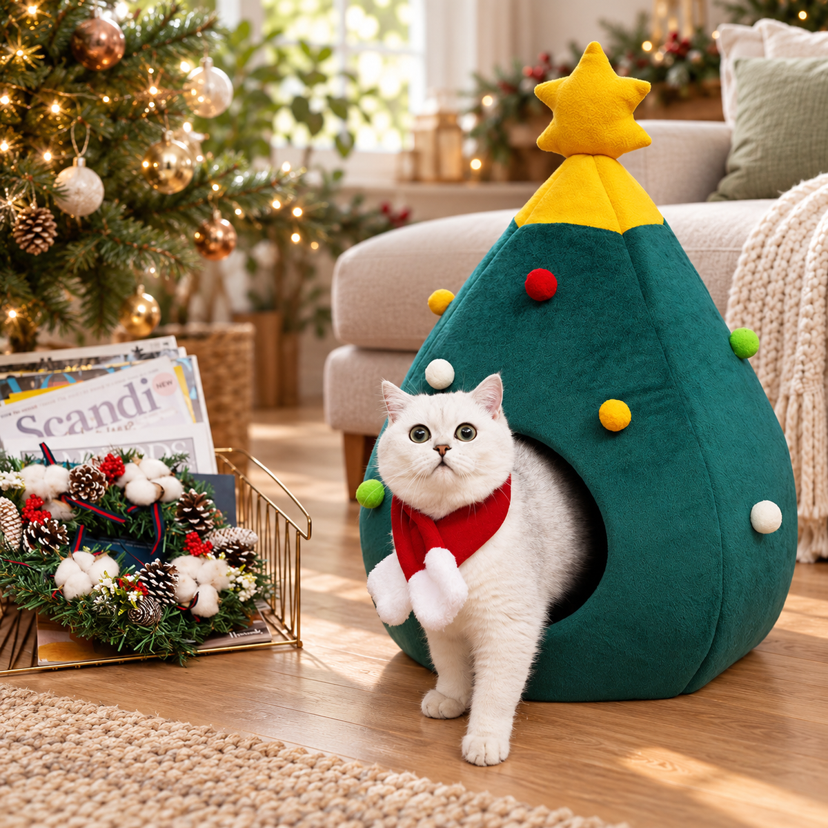 Christmas Tree Felt Cat Bed in a festive home