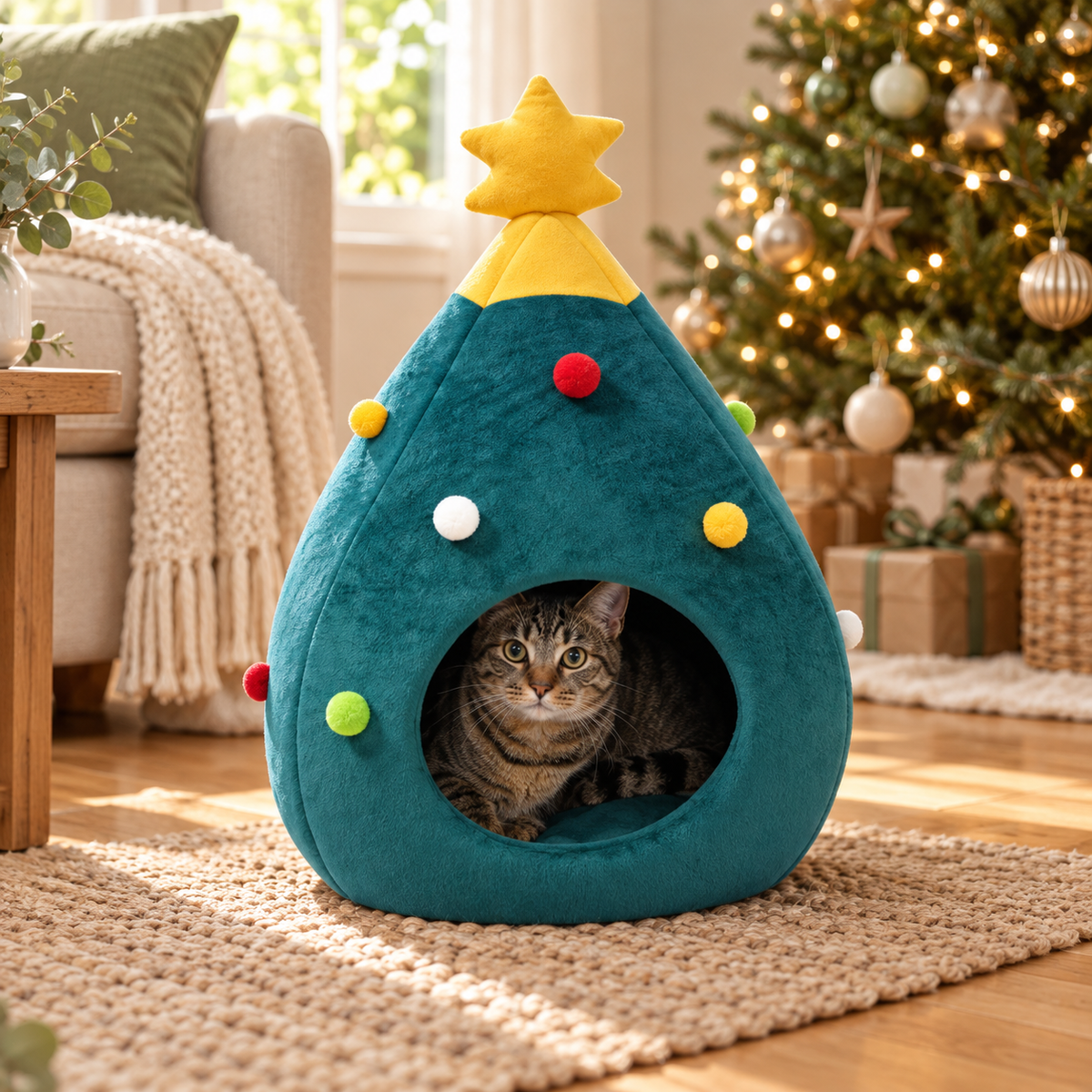 Christmas Tree Felt Cat Bed in a festive home