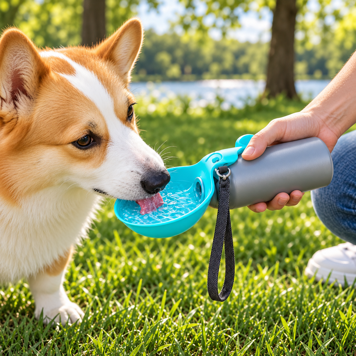 2-in-1 Dog Travel Water Bottle with Fold-Out Bowl — alternative three-quarter product view