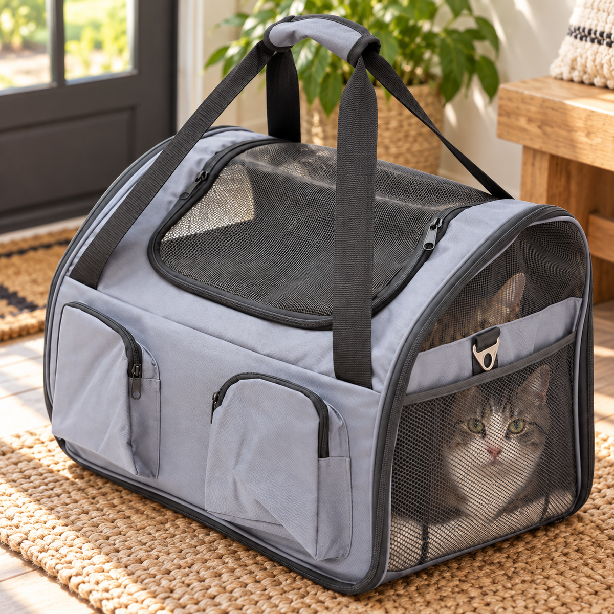 Folding Pet Carrier & Car Seat – Grey — closer view of product details