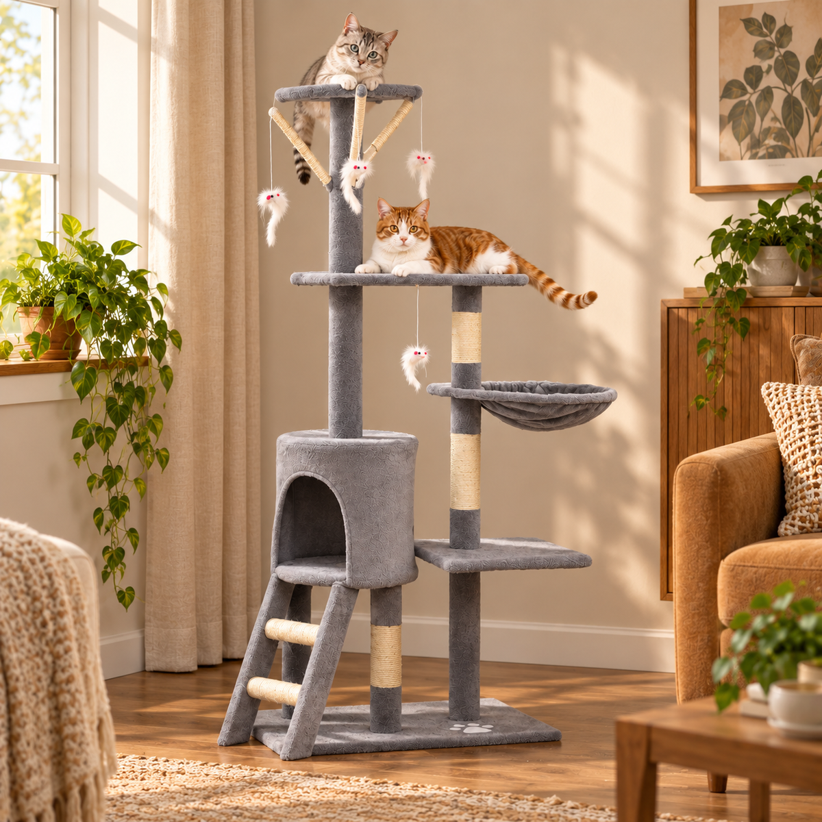Multi-Level Cat Tower – 134 cm, Grey — alternative three-quarter product view