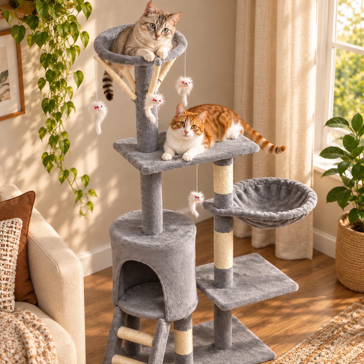 Multi-Level Cat Tower – 134 cm, Grey — closer view of product details