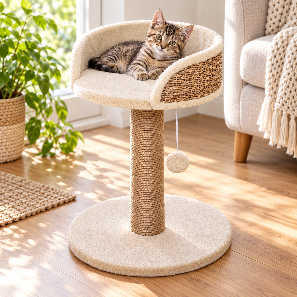 Cat Scratching Post with Perch Bed – Beige — alternative three-quarter product view