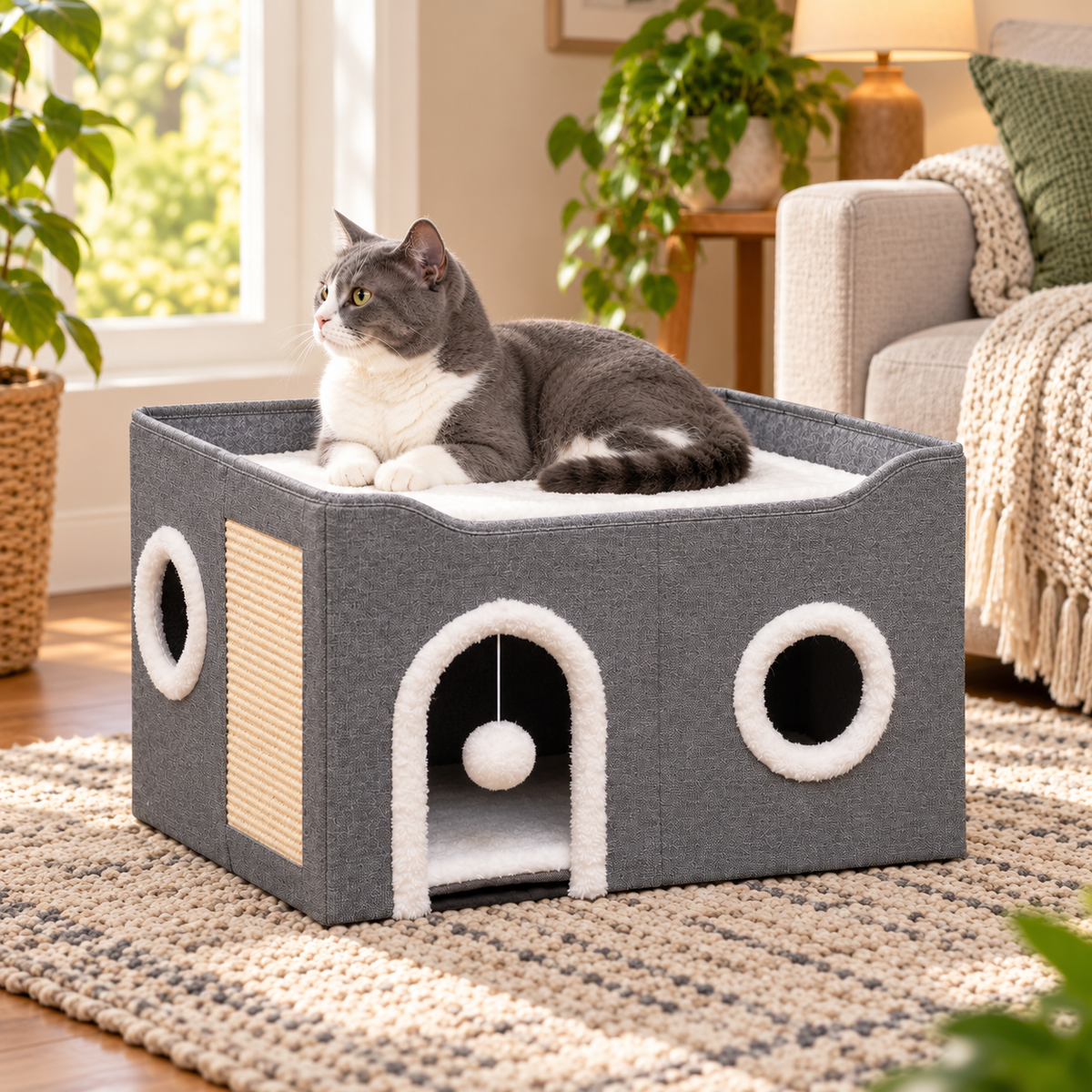 Foldable Cat House with Scratch Pad – Grey — alternative three-quarter product view