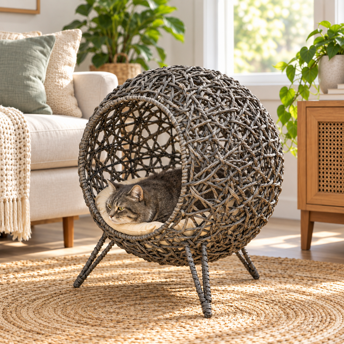 Raised Rattan Cat Bed Pod with Cushion — alternative three-quarter product view