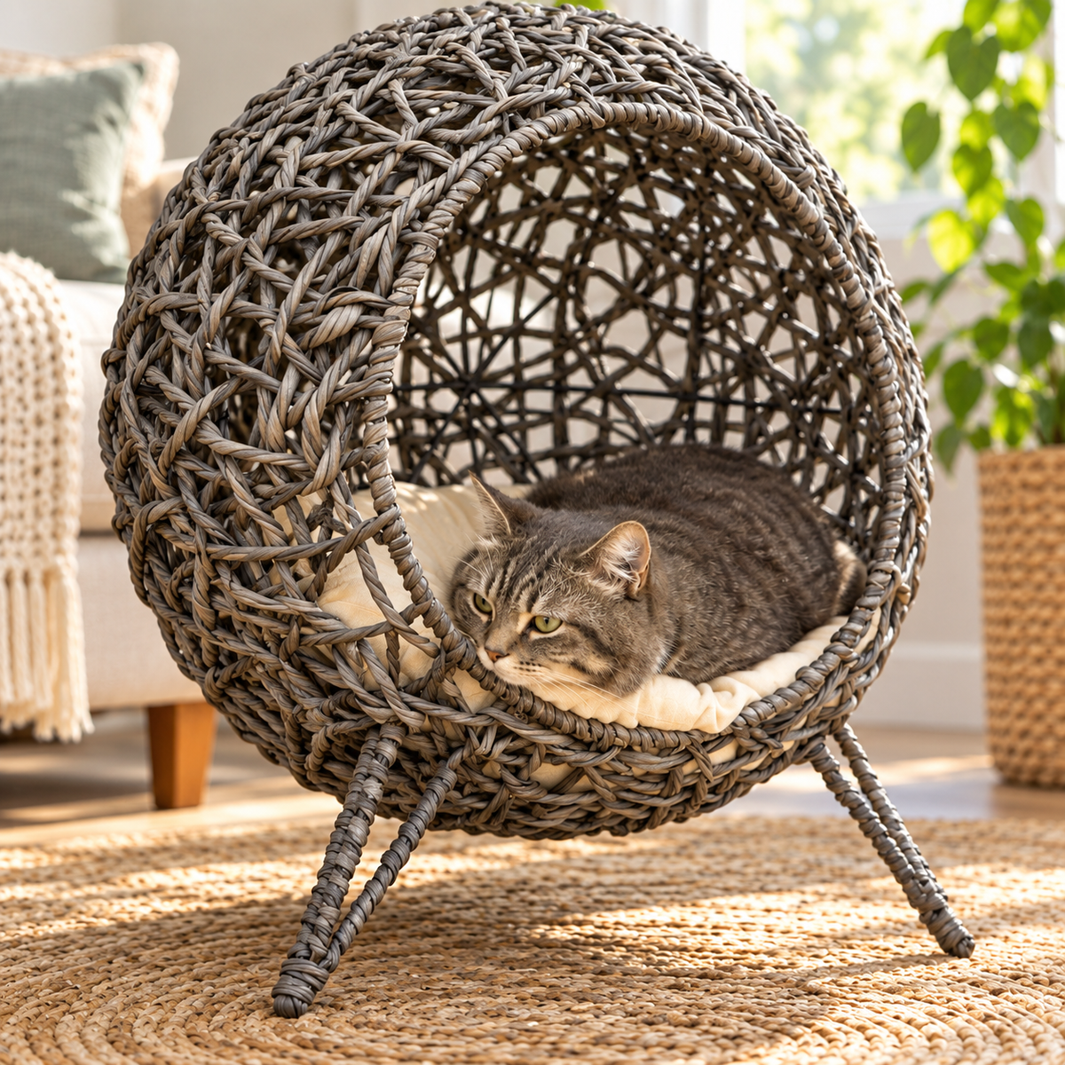 Raised Rattan Cat Bed Pod with Cushion — closer view of product details
