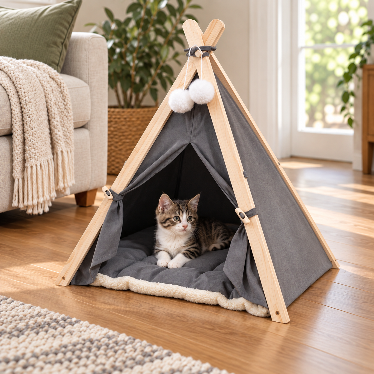 Pet Teepee Tent Bed with Cushion — alternative three-quarter product view