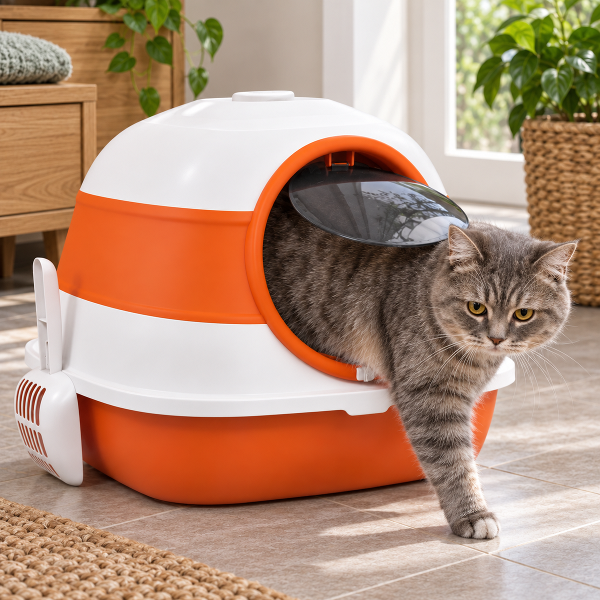 Foldable Hooded Cat Litter Tray with Scoop – Orange — alternative three-quarter product view