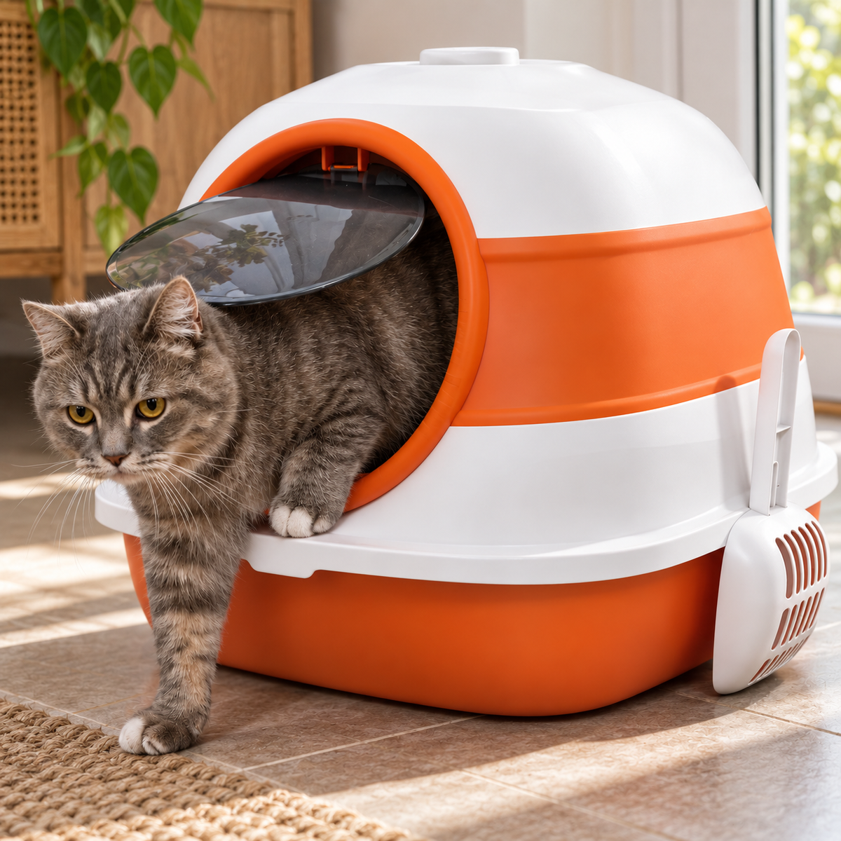 Foldable Hooded Cat Litter Tray with Scoop – Orange — closer view of product details