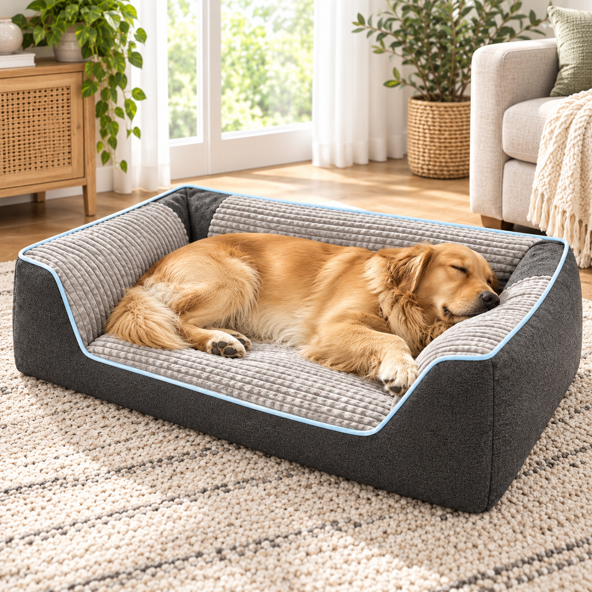 Plush Dog Sofa Bed with Rope Toy — alternative three-quarter product view