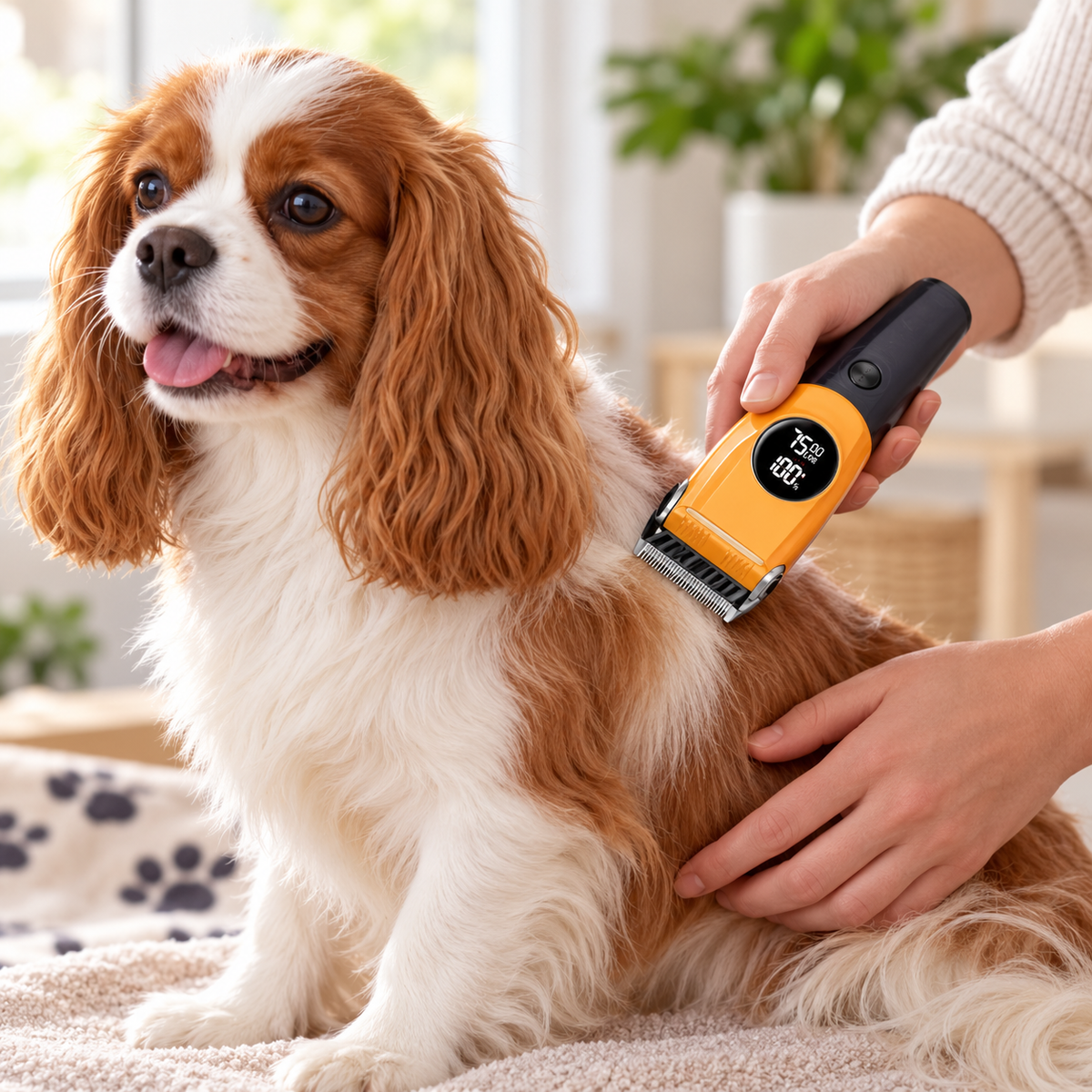 Orange cordless dog grooming clippers in use on a spaniel