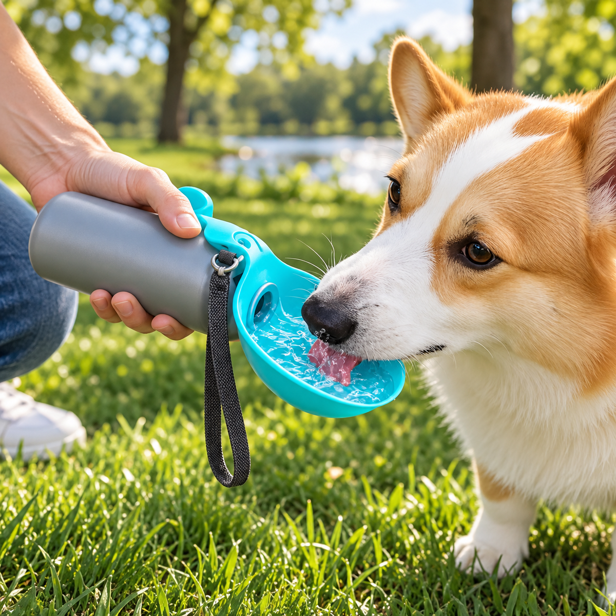 Corgi drinking from a fold-out travel water bottle in a park.