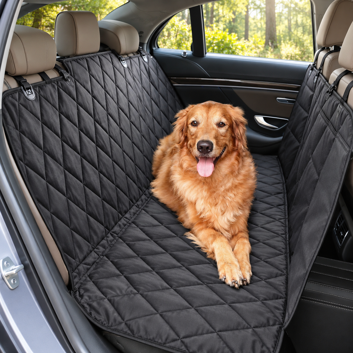 Dog sitting on a black waterproof rear seat hammock in a car.