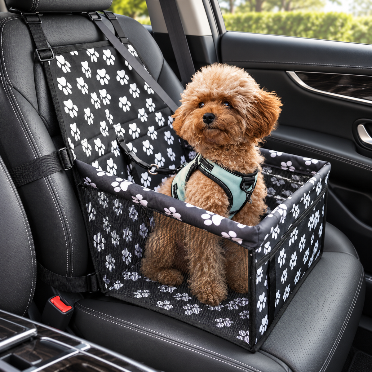 Small dog in a foldable car booster seat.
