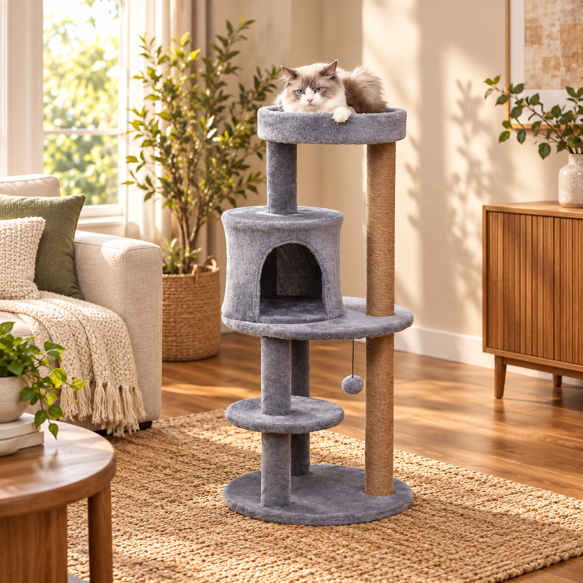 Cat relaxing on a grey activity tree in a living room.